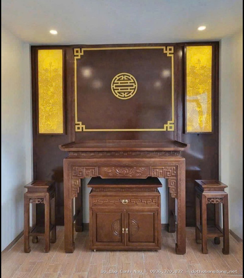 Bàn thờ đứng gỗ hương đá màu óc chó mẫu Kim Sen Phúc tại Long Biên - Đồ thờ Sơn Vũ