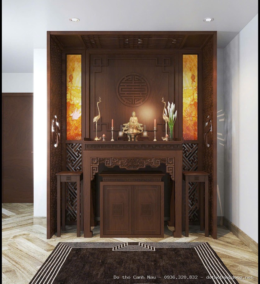 Bàn thờ đứng gỗ sồi màu cánh gián mẫu Phúc Thọ tại Đống Đa - Đồ thờ Sơn Vũ