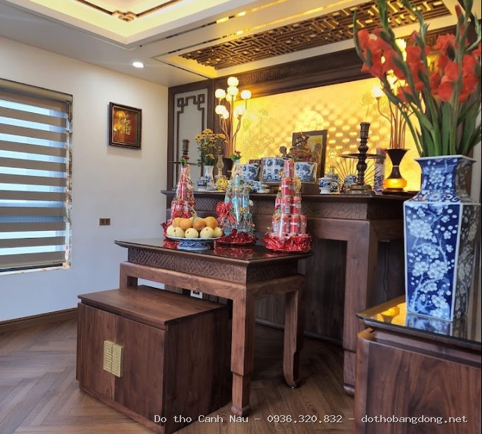 Bàn thờ gia tiên cặp gỗ căm xe (tủ con) GT03 tại Thanh Xuân - Nghệ nhân Sơn Vũ