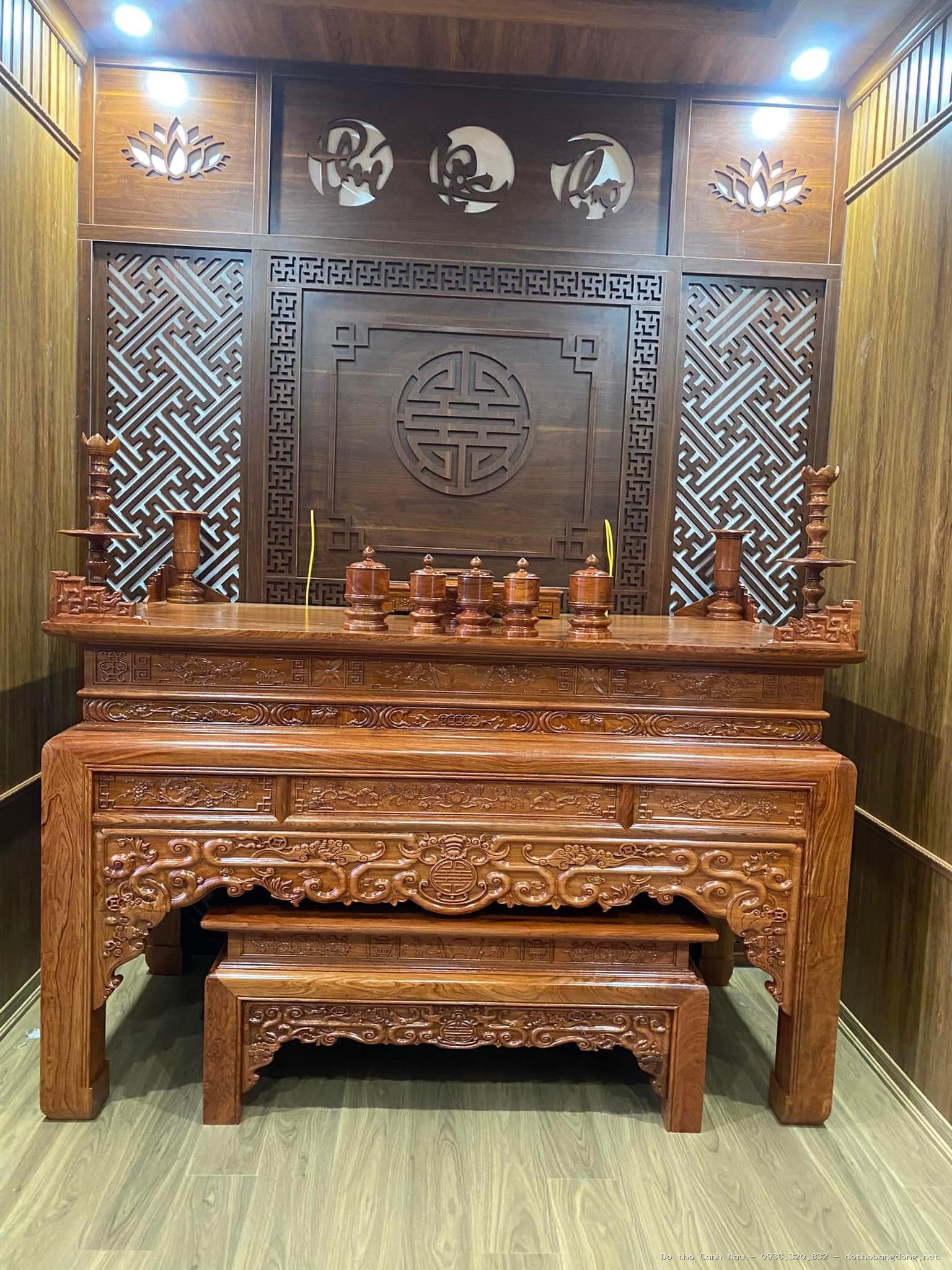 Sập thờ tứ linh gỗ gụ màu cánh gián mẫu tài vượng tại Long Biên - Đồ thờ Sơn Vũ